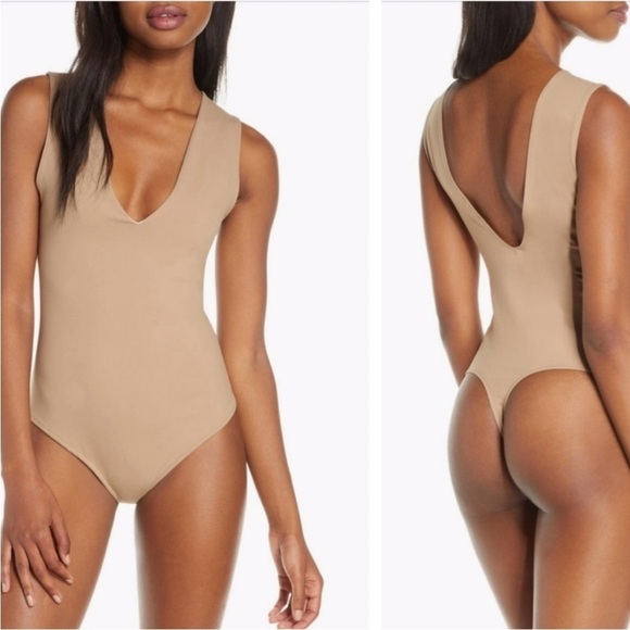 Intimately FP Keep It Sleek Bodysuit V neck Sz M Tan - Picture 1 of 7